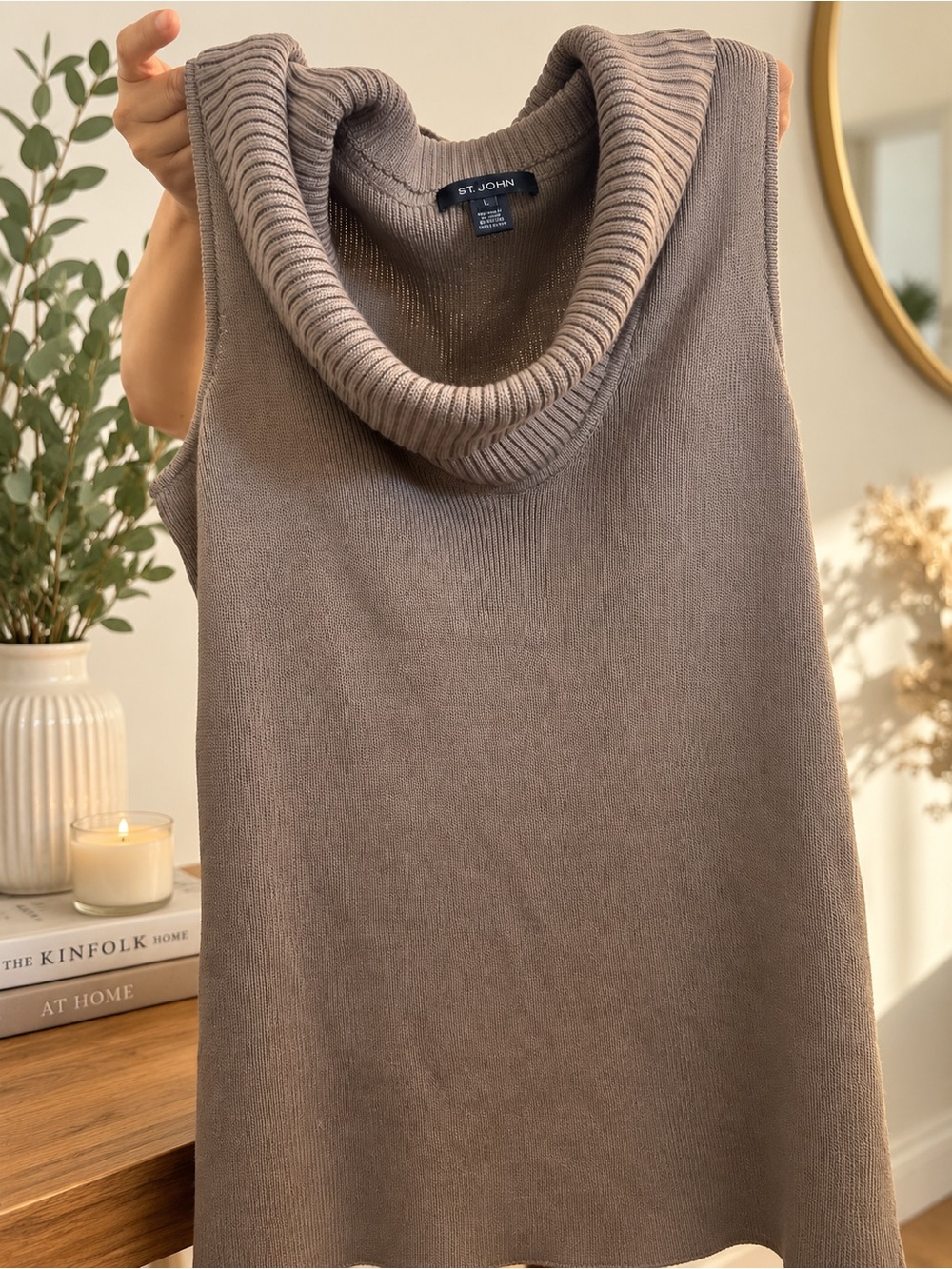 St. John Sleeveless Cowl Neck Knit Top in Taupe